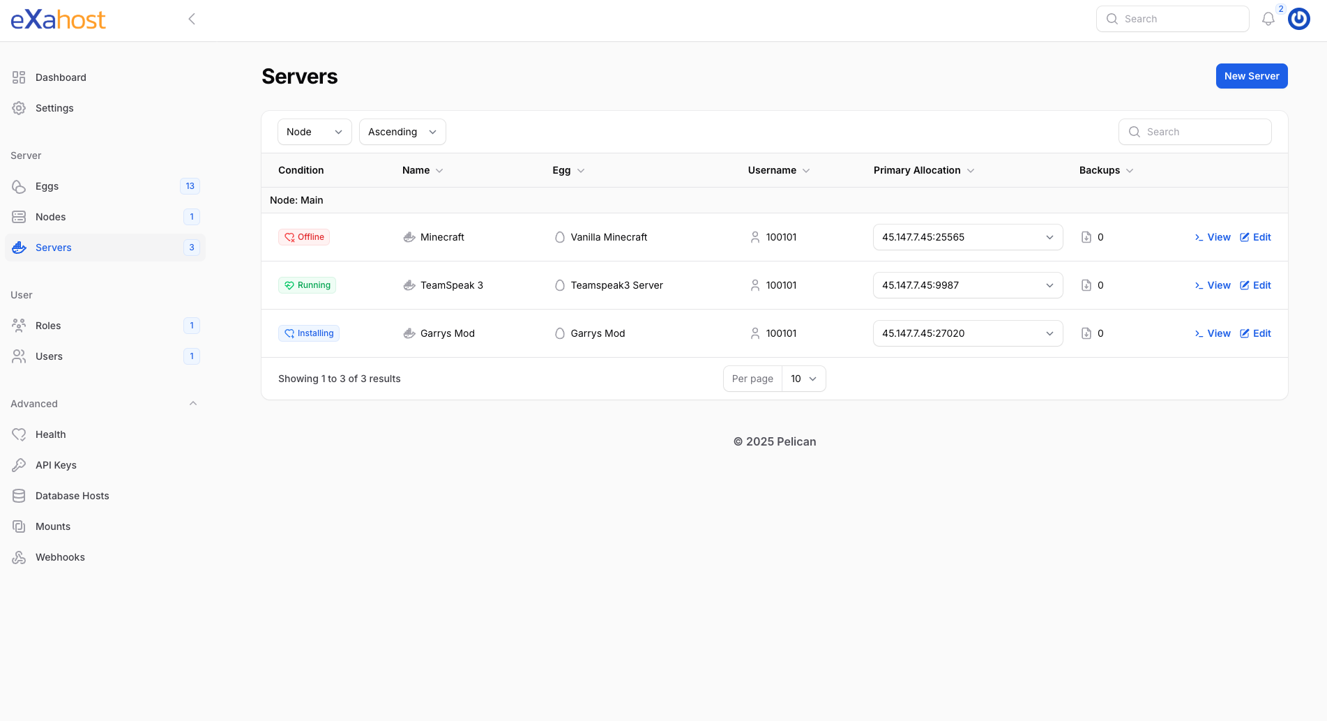 Screenshot von Pelican Gameserverpanel