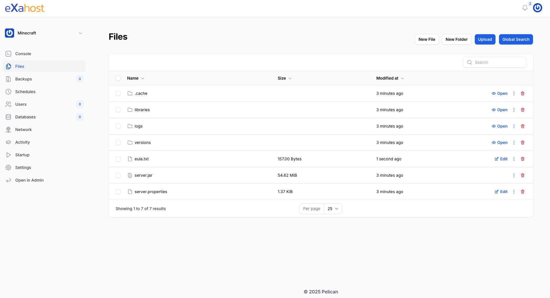 Screenshot von Pelican Gameserverpanel