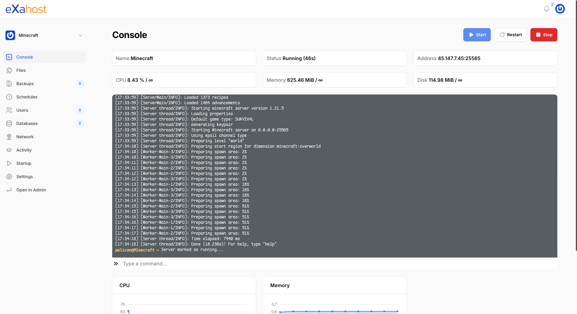 Screenshot von Pelican Gameserverpanel