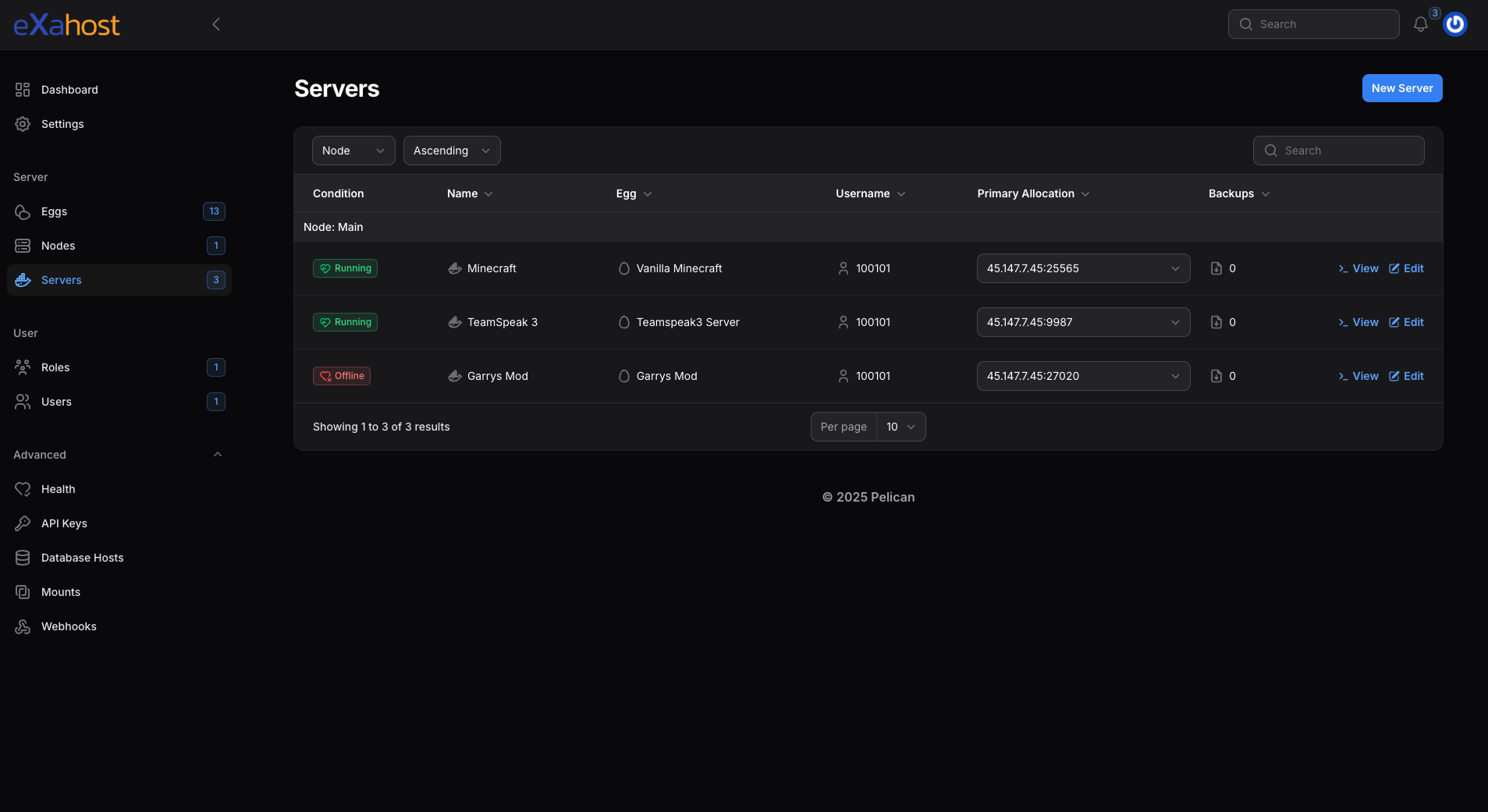 Screenshot von Pelican Gameserverpanel
